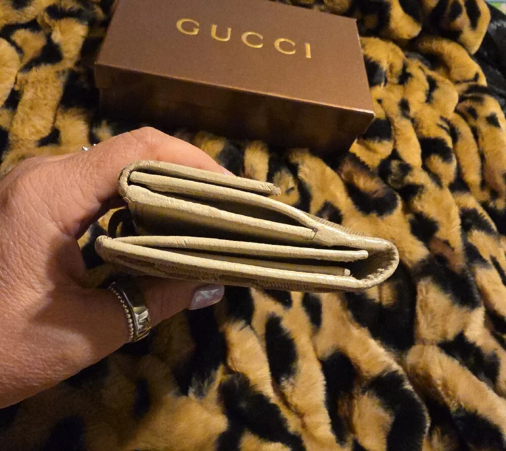 Gucci Beige GG Monogram Continental Wallet with Gold Accent